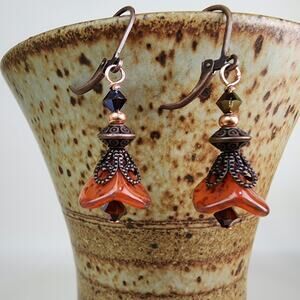 Earthy Orange Bell Flower, Leverback Earrings, Beautiful Fall Flower Earrings